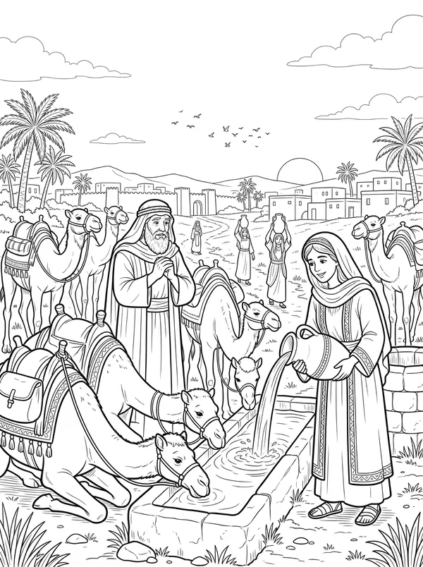 A Bride for Isaac Bible coloring page for kids (Genesis 24:1–67)