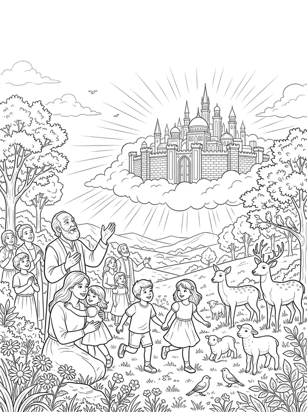 A New Heaven and a New Earth Bible coloring page for kids (Revelation 21:1–7)