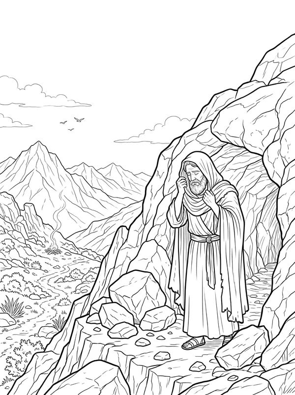 A Still Small Voice Bible coloring page for kids (1 Kings 19:1–18)
