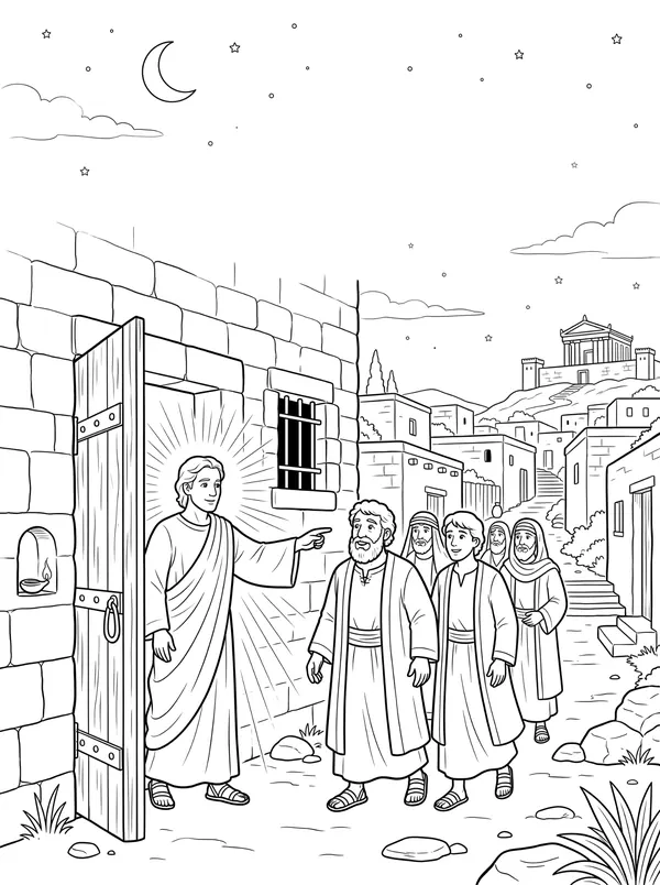 An Angel Opens the Prison Bible coloring page for kids (Acts 5:12–42)