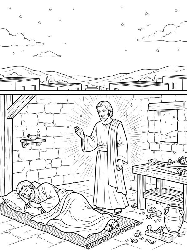 An Angel Speaks to Joseph Bible coloring page for kids (Matthew 1:18–25)