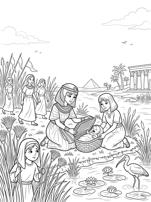 Baby Moses in the Basket Bible coloring page for kids (Exodus 1:1–2:10)