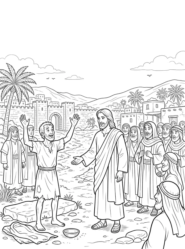 Blind Bartimaeus Bible coloring page for kids (Mark 10:46–52)