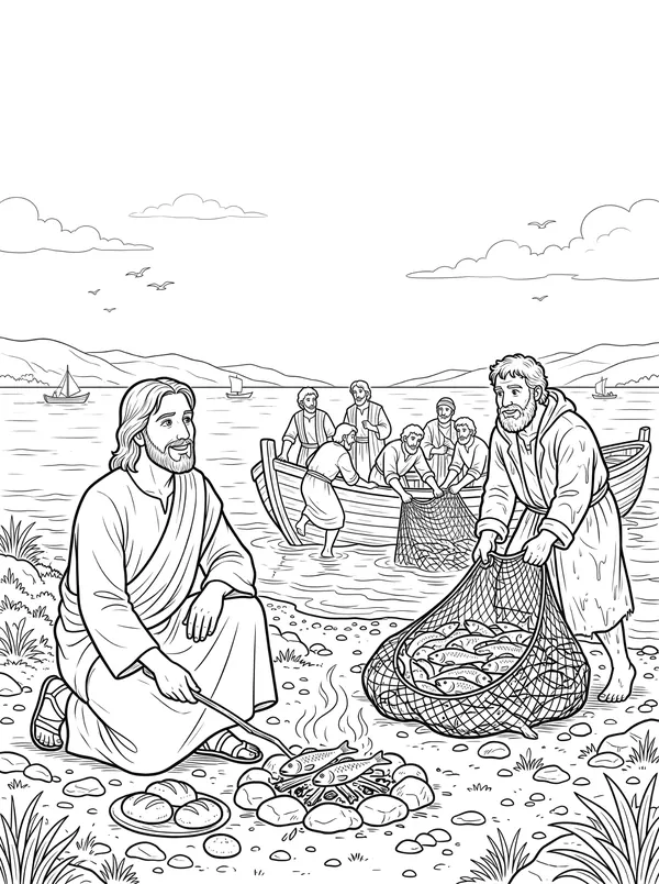 Breakfast by the Sea Bible coloring page for kids (John 21:1–14)