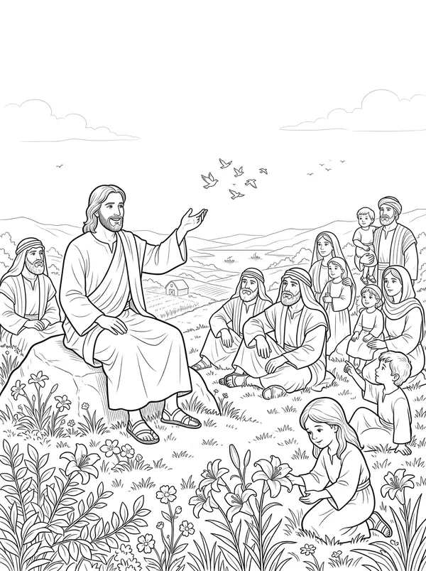 Consider the Lilies Bible coloring page for kids (Matthew 6:25–34)