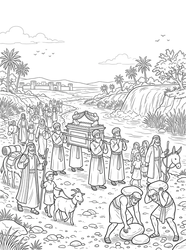 Crossing the Jordan Bible coloring page for kids (Joshua 3:1–4:24)