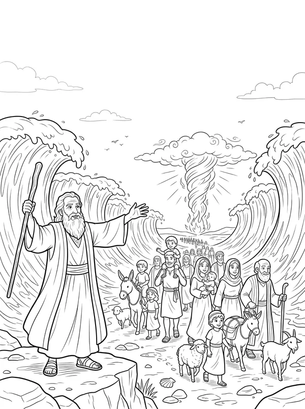 Crossing the Red Sea Bible coloring page for kids (Exodus 13:17–14:31)