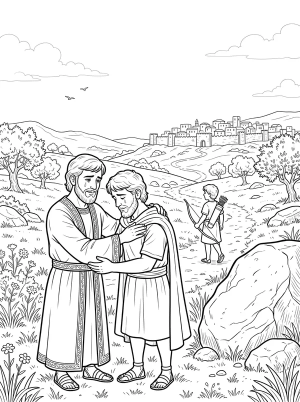 David and Jonathan Bible coloring page for kids (1 Samuel 18:1–4)
