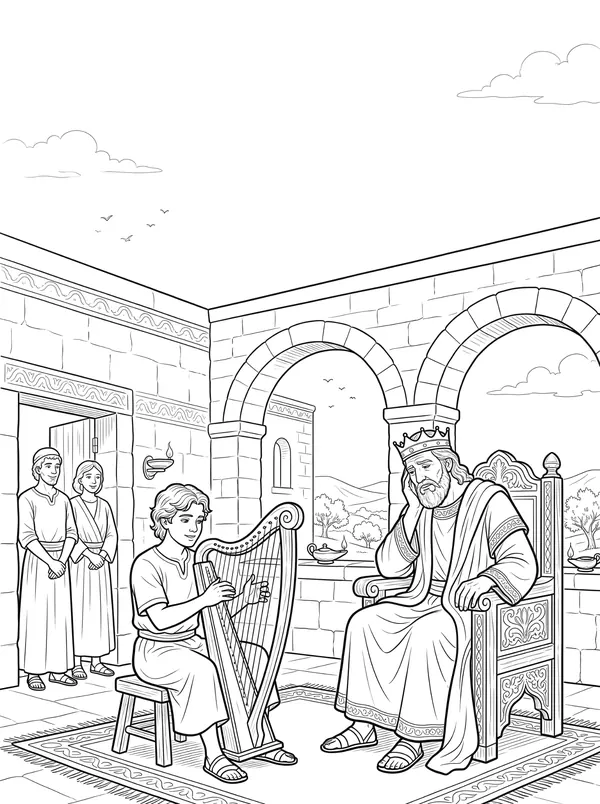 David Plays the Harp Bible coloring page for kids (1 Samuel 16:14–23)