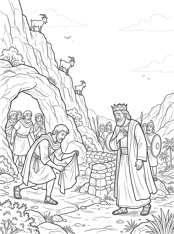 David Spares Saul Bible coloring page for kids (1 Samuel 24:1–22)