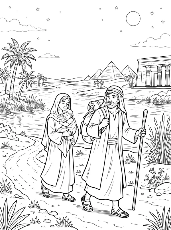Escape to Egypt Bible coloring page for kids (Matthew 2:13–23)