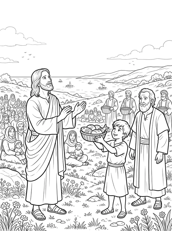 Feeding the Five Thousand Bible coloring page for kids (John 6:1–14)