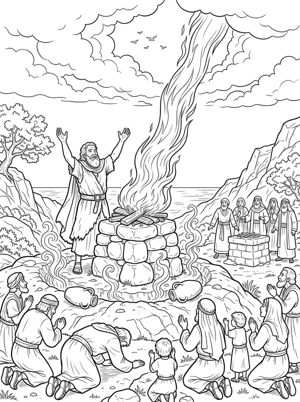 Fire on Mount Carmel Bible coloring page for kids (1 Kings 18:17–39)