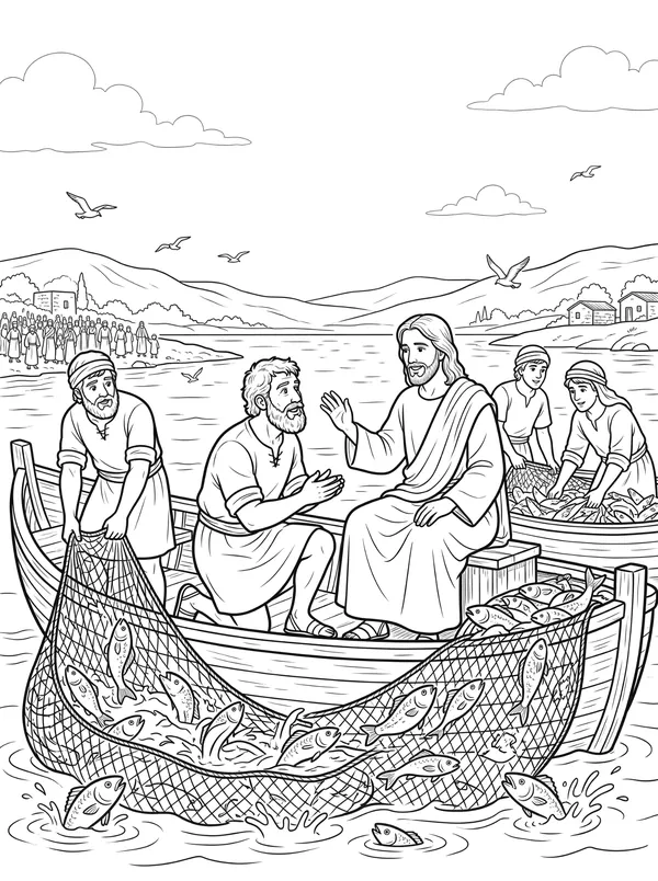 Fishers of Men Bible coloring page for kids (Luke 5:1–11)