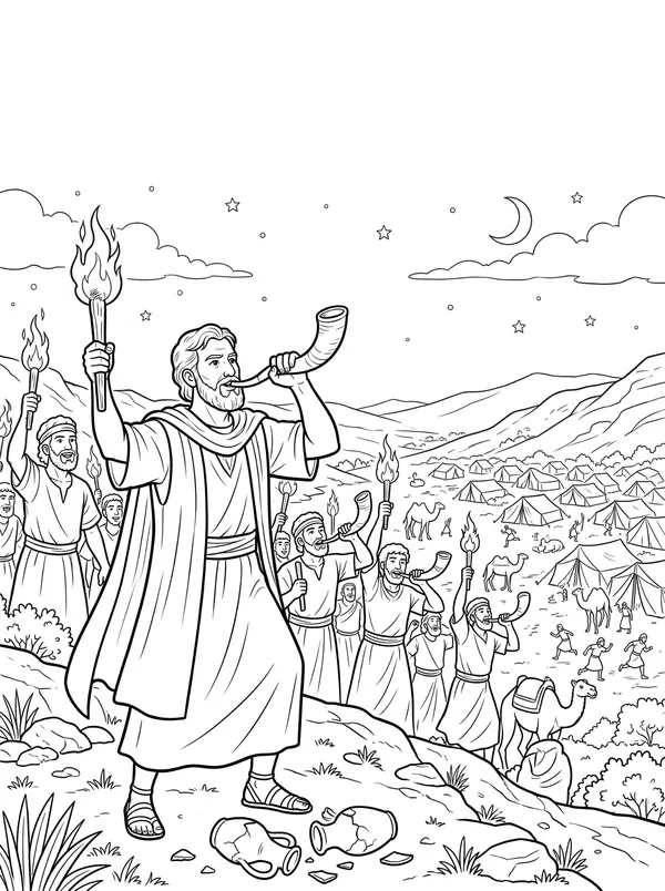 Gideon’s Three Hundred Bible coloring page for kids (Judges 7:1–25)