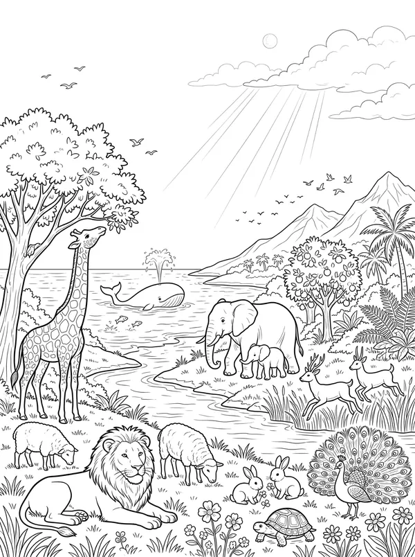 God Made Everything Bible coloring page for kids (Genesis 1:1–2:3)