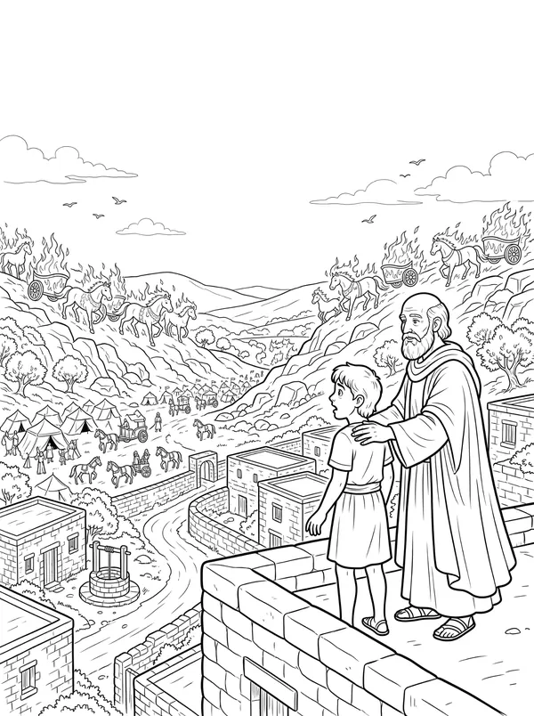 Horses and Chariots of Fire Bible coloring page for kids (2 Kings 6:8–23)