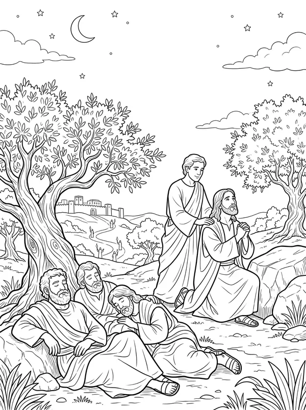 In the Garden of Gethsemane Bible coloring page for kids (Matthew 26:36–56)