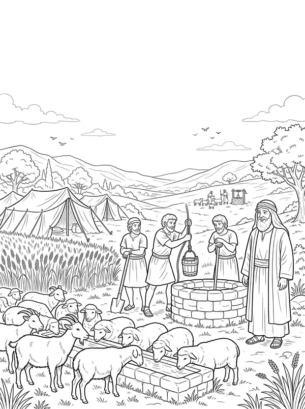 Isaac Digs the Wells Bible coloring page for kids (Genesis 26:12–33)