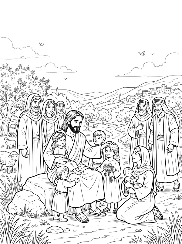 Jesus Blesses the Children Bible coloring page for kids (Mark 10:13–16)
