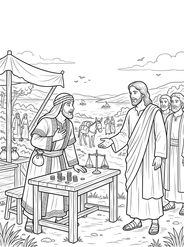 Jesus Calls Matthew Bible coloring page for kids (Matthew 9:9–13)