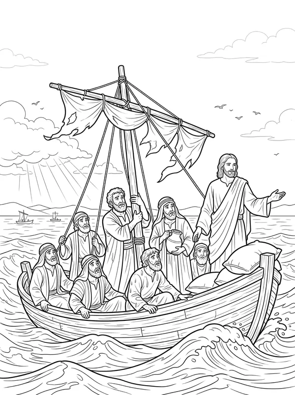 Jesus Calms the Storm Bible coloring page for kids (Mark 4:35–41)