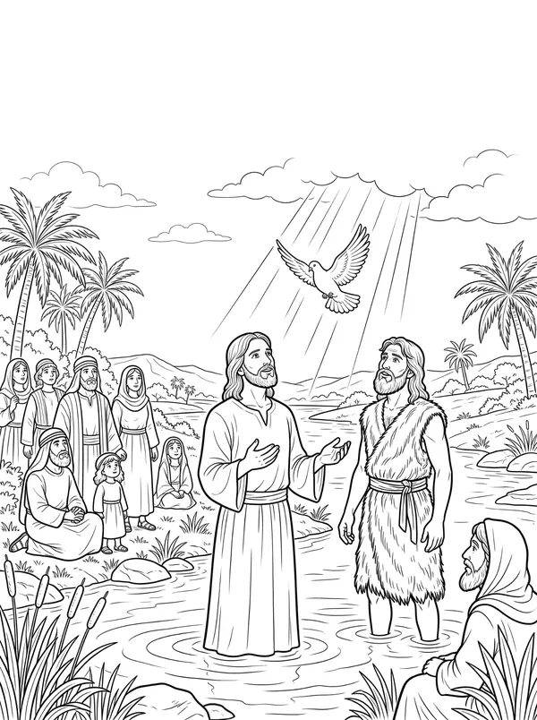 Jesus Is Baptized Bible coloring page for kids (Matthew 3:13–17)