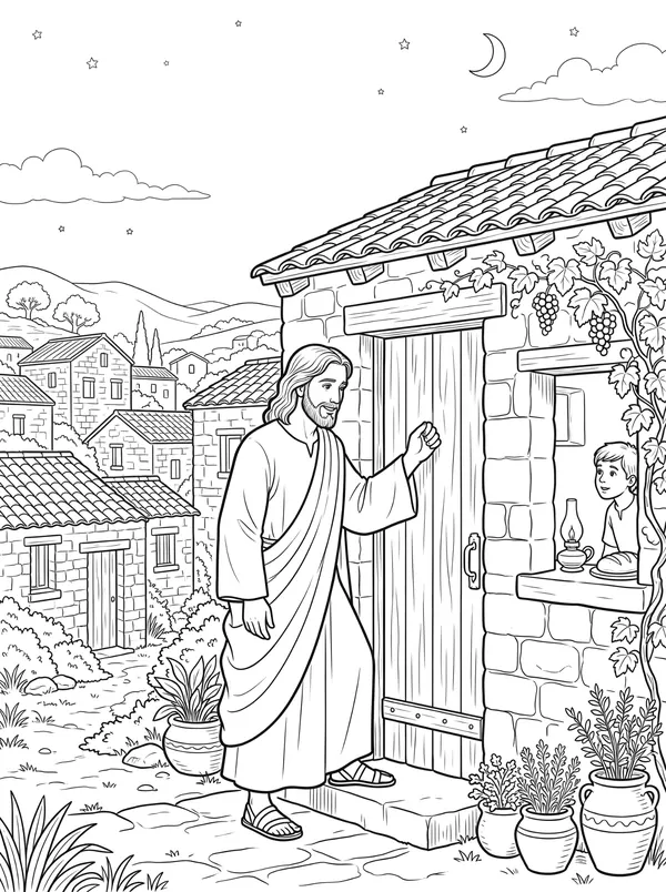 Jesus Knocks at the Door Bible coloring page for kids (Revelation 3:14–22)