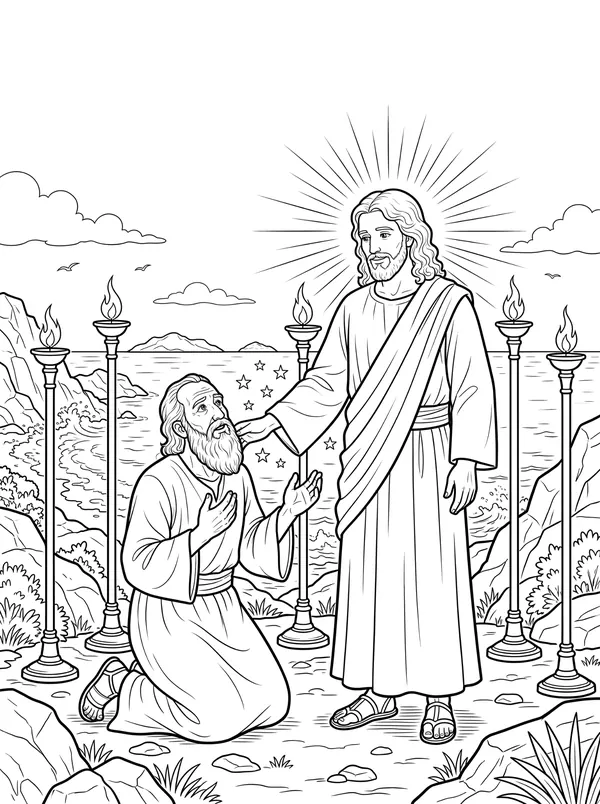 John on the Isle of Patmos Bible coloring page for kids (Revelation 1:9–20)