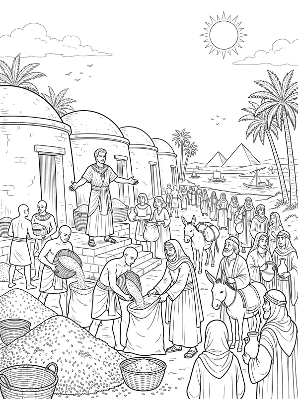 Joseph Saves Egypt Bible coloring page for kids (Genesis 41:37–57)