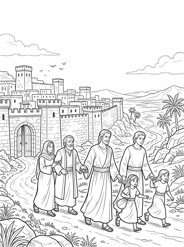 Lot Escapes from Sodom Bible coloring page for kids (Genesis 18:16–33)