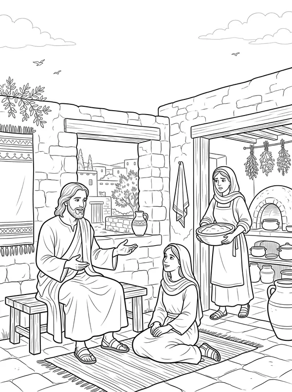 Mary and Martha Bible coloring page for kids (Luke 10:38–42)