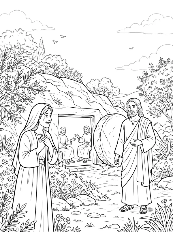 Mary in the Garden Bible coloring page for kids (John 20:1–18)