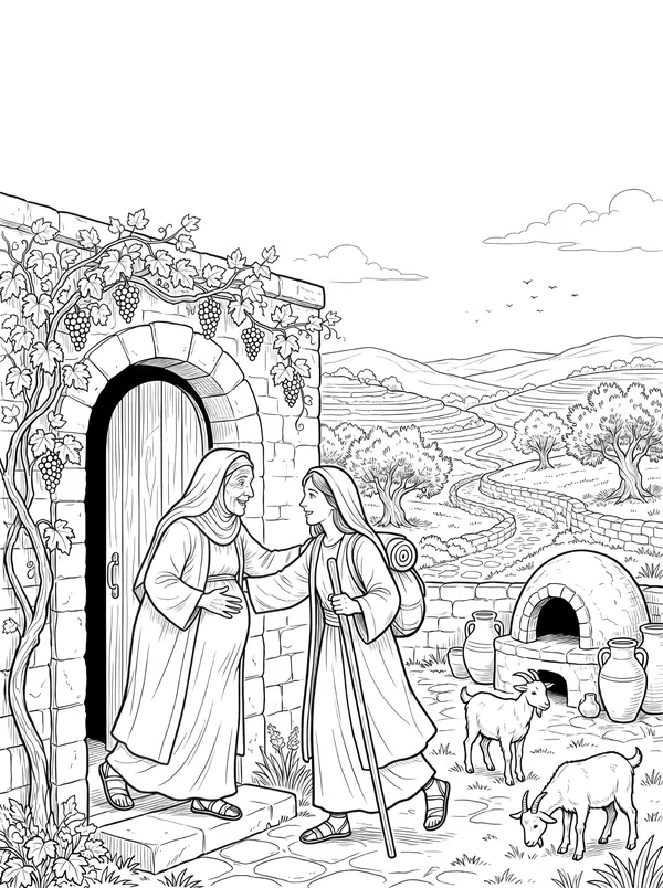 Mary Visits Elisabeth Bible coloring page for kids (Luke 1:39–56)