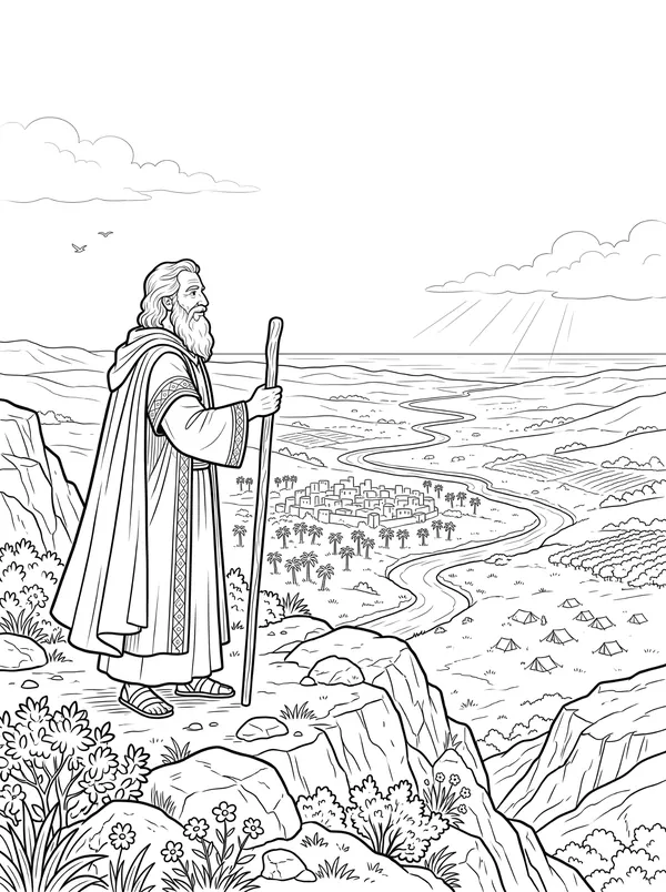 Moses Sees the Promised Land Bible coloring page for kids (Deuteronomy 34:1–12)