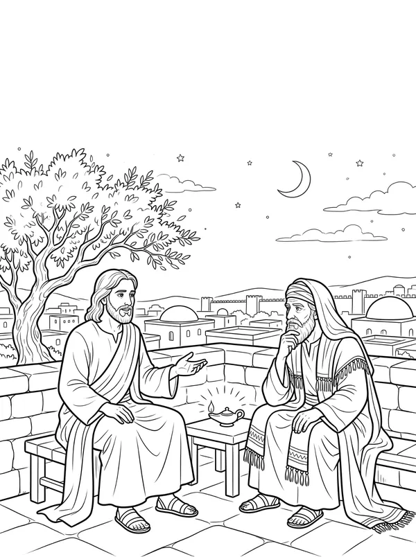 Nicodemus Comes by Night Bible coloring page for kids (John 3:1–21)