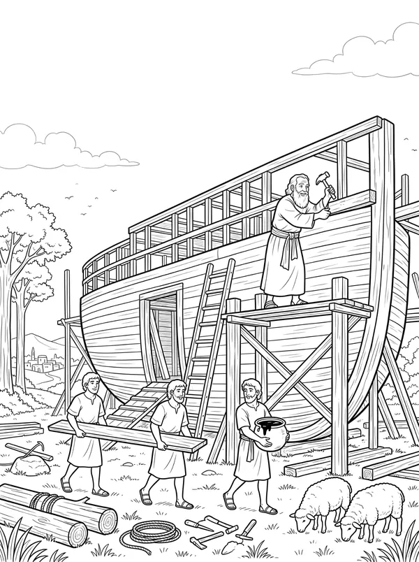 Noah Builds the Ark Bible coloring page for kids (Genesis 6:5–22)