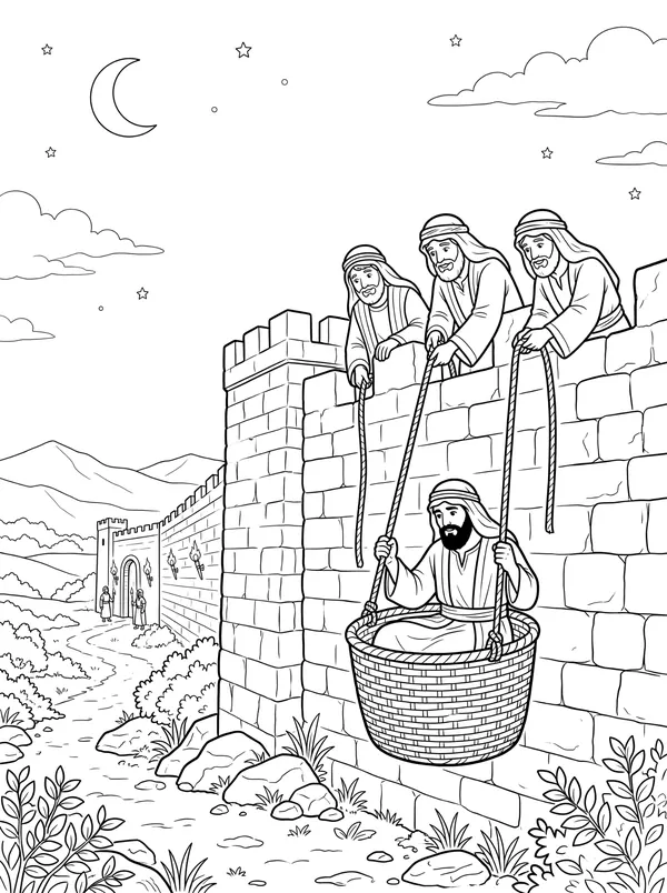 Over the Wall in a Basket Bible coloring page for kids (Acts 9:19–31)