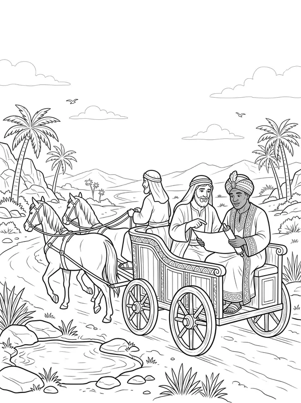 Philip and the Ethiopian Bible coloring page for kids (Acts 8:26–40)