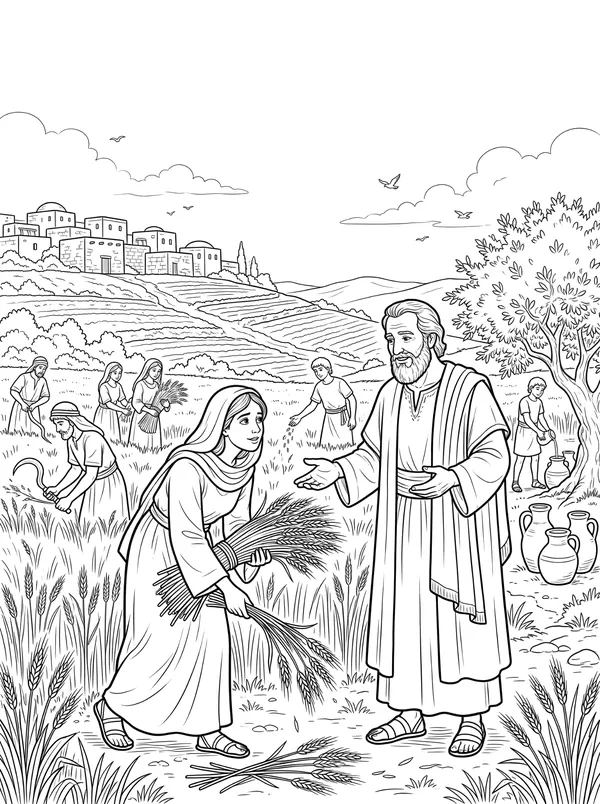 Ruth in the Fields of Boaz Bible coloring page for kids (Ruth 2:1–4:17)