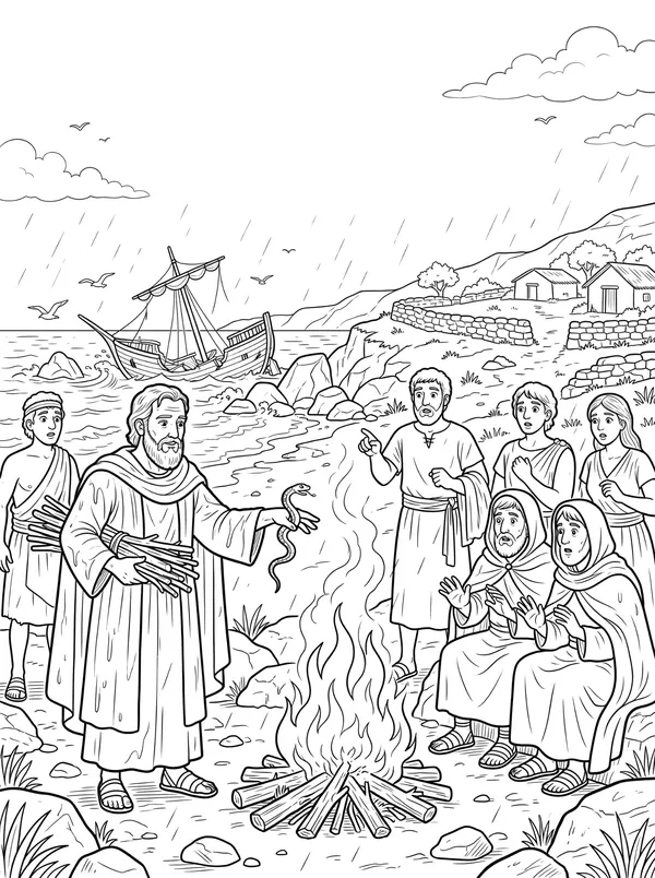 Safe on Malta Bible coloring page for kids (Acts 28:1–10)