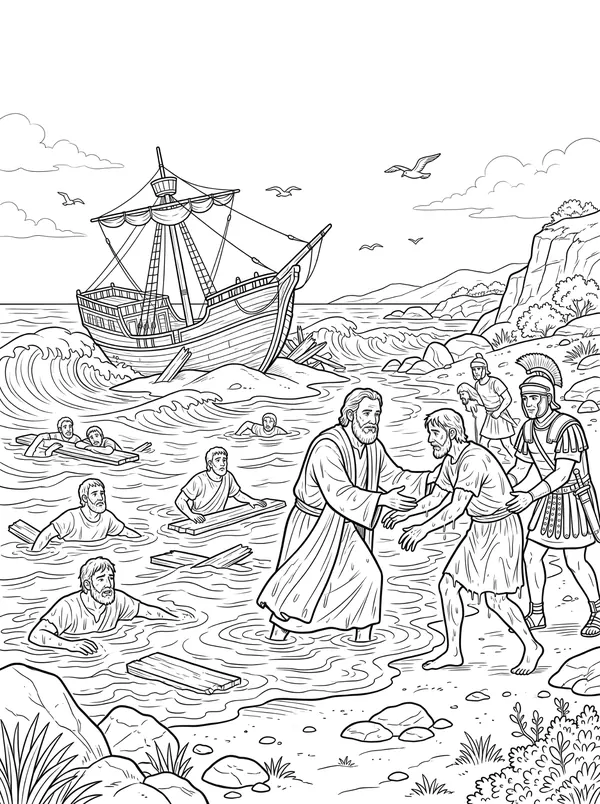 Shipwrecked! Bible coloring page for kids (Acts 27:1–44)