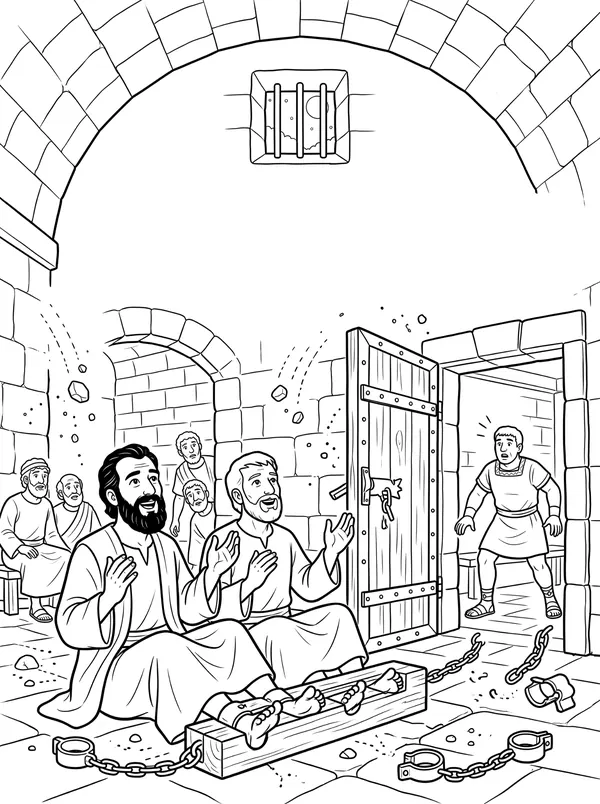 Songs at Midnight Bible coloring page for kids (Acts 16:16–40)