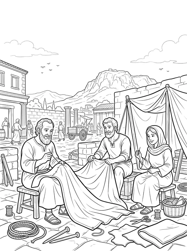 Tentmakers in Corinth Bible coloring page for kids (Acts 18:1–11)