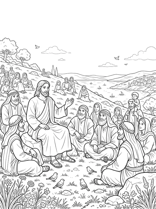 The Beatitudes Bible coloring page for kids (Matthew 5:1–16)