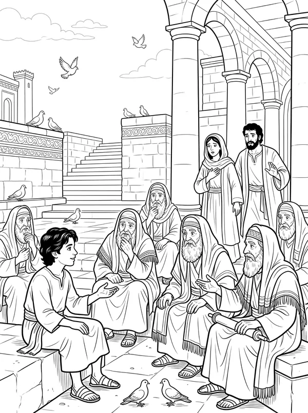 The Boy Jesus in the Temple Bible coloring page for kids (Luke 2:41–52)