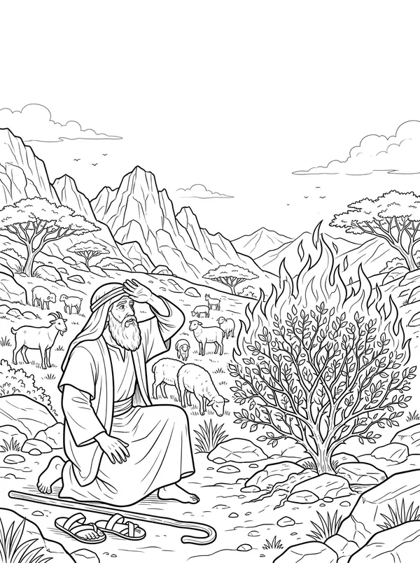 The Burning Bush Bible coloring page for kids (Exodus 3:1–4:17)