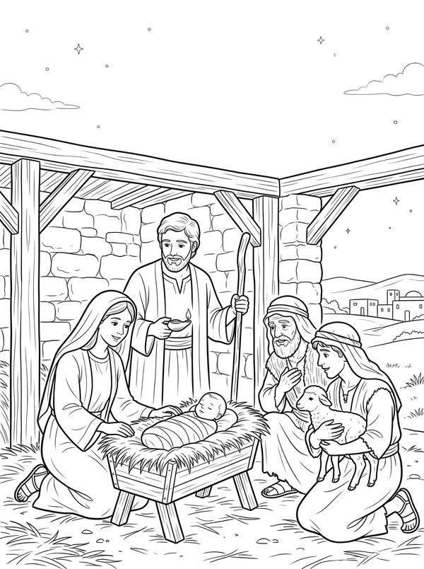 The Christmas Story Bible coloring page for kids (Luke 2:6–20)