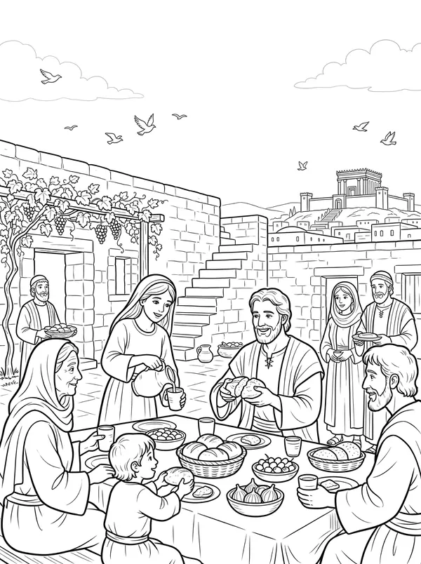 The Church Shares Everything Bible coloring page for kids (Acts 2:42–47)