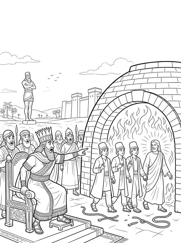The Fiery Furnace Bible coloring page for kids (Daniel 3:1–30)
